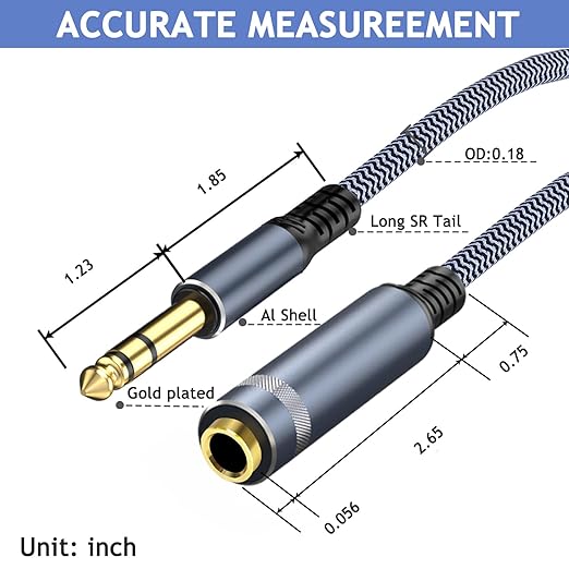 1/4 inch 10ft Stereo Headphone Guitar Cable, Male to Female, Quarter inch Headphone Extension