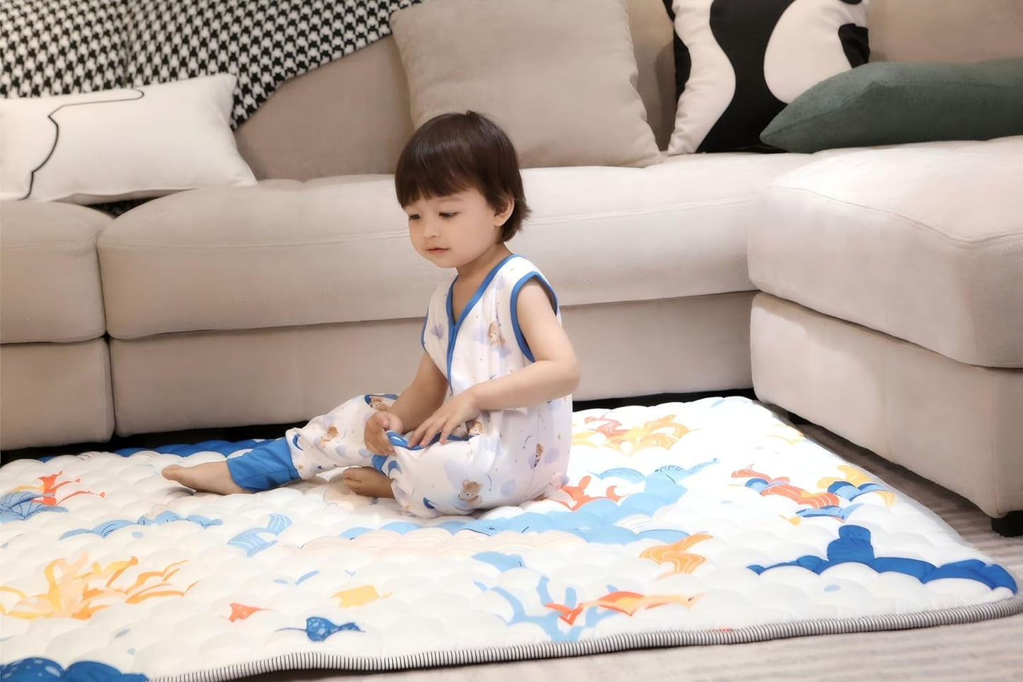 Baby Play Mat 50x50 Inch, Thickened Soft Floor Mat for Playpen, Machine Washable Foam Crawling Mat with Non-Slip Bottom for Babies and Toddlers, Foldable Padded Playmat