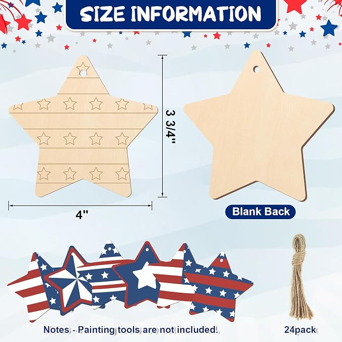 COCHIE 4th of July Stars Wood Crafts to Paint Set of 24, Memorial Day