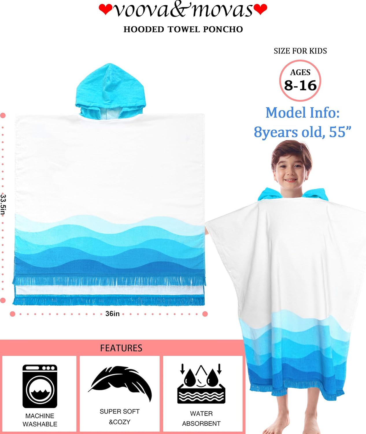 VOOVA & MOVAS Hooded Bath Towel for Boys| Girl | Teens (8-16Years), 100% Cotton Thick Poncho Towel Robe for Big Kids, Perfect for Pool, Beach,Bathroom,Waves Tassels