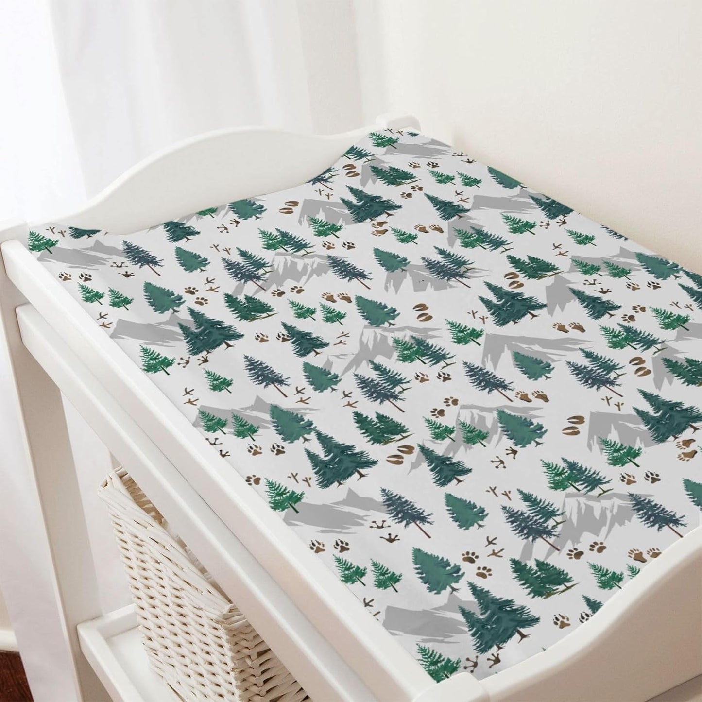 Green Pine Forest Animals Tracks Baby Changing Pad Covers Pine Trees Paws Mountain Diaper Changing Table Sheets for Girl Boy Soft Breathable Stretch Fitted Nursery Change Table Mat 32''x16''
