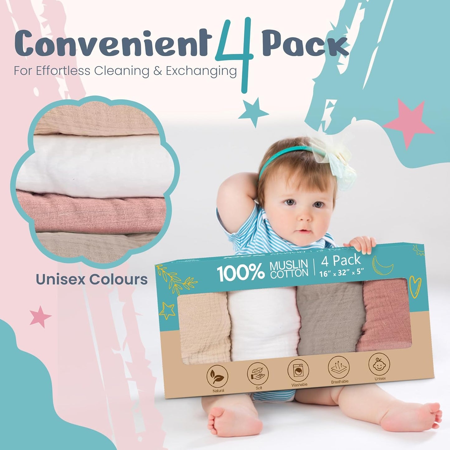 100% Muslin Changing Pad Cover Ultra Soft 120GSM Baby Changing Pad Covers for Girls and Boys - Easy wash Diaper Changing pad Cover with Low Shrinkage (4 Pack - White/Beige/Sand/Greish)