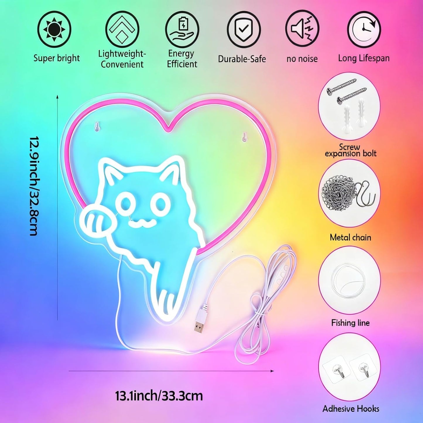 Cat Neon Sign – Cute Pink Heart Cat LED Lights, Dimmable Animal Neon Wall Decor, Cat Lover Gift, Bedroom Wall Art, Living Room, Game Room, Pet Shop, Kawaii Home Accent(12.91 × 13.11 in)