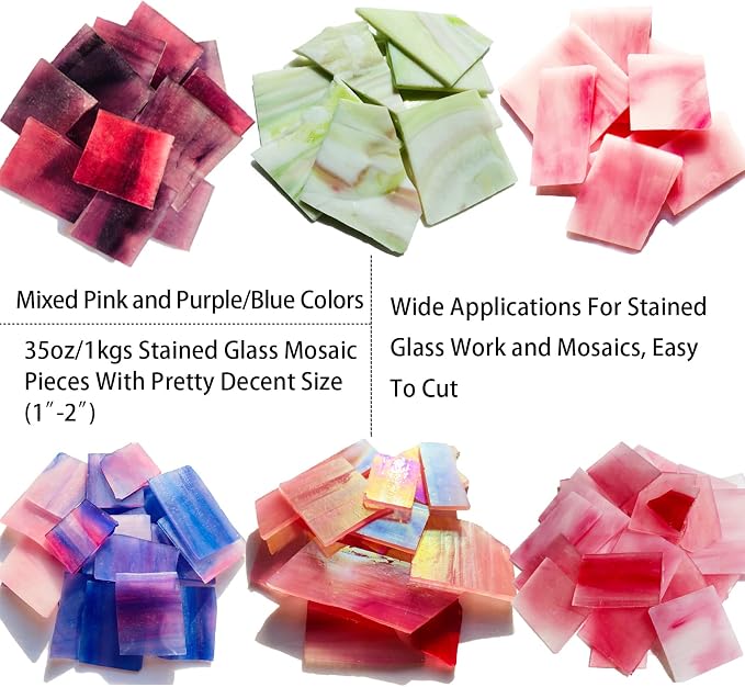 Pink and Purple Glass Mosaic Tiles, Irregular Stained Glass Scraps Sheets