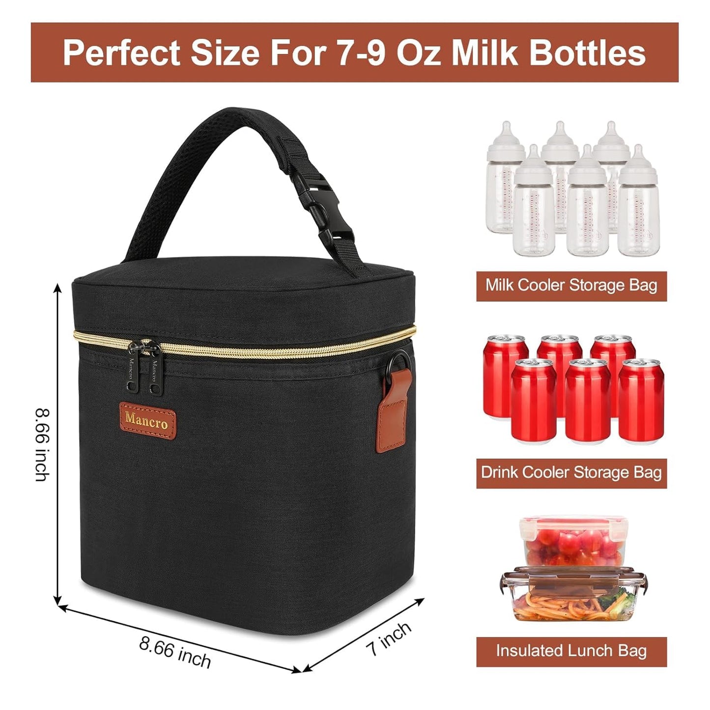 Mancro Breast Milk Cooler Bag with Ice Pack, Baby Bottle Bag Holds 6 Bottles Up to 9oz, Leak-Proof Insulated Storage for Nursing Moms, Daycare or Travel, Pink & Beige