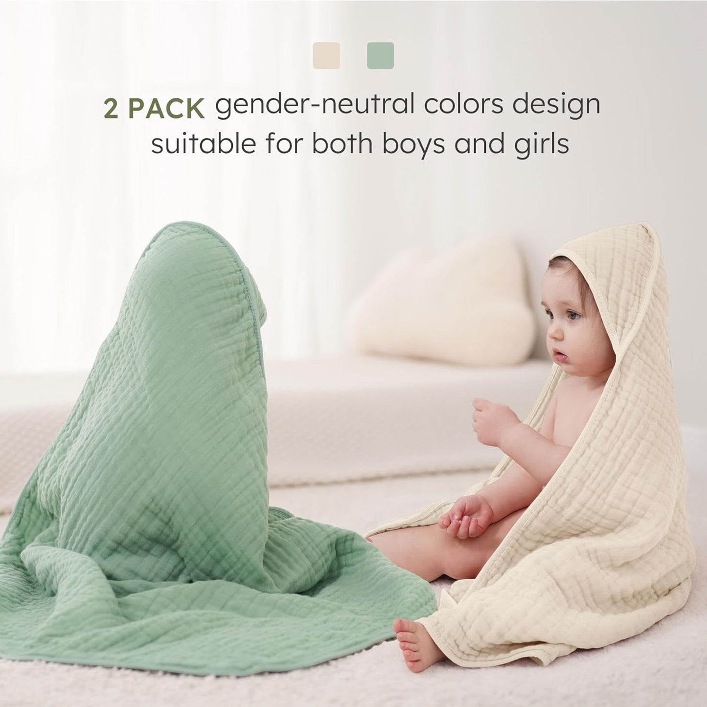 Looxii Baby Bath Towels 2 Pack Muslin Hooded Baby Towels for Newborn and Infants, 100% Cotton, Large 32x32Inch, Soft and Absorbent Beige+Green