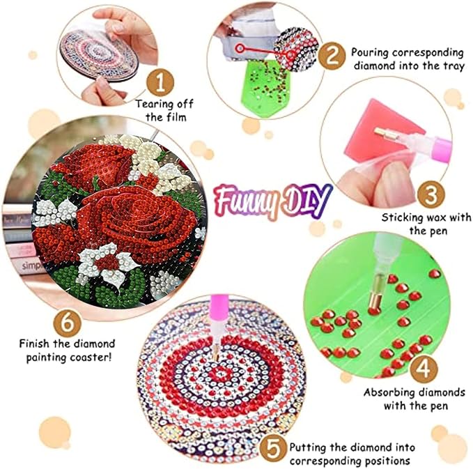 8 Pack Diamond Art Coasters, Rose Flowers Diamond Painting Coasters Kits |