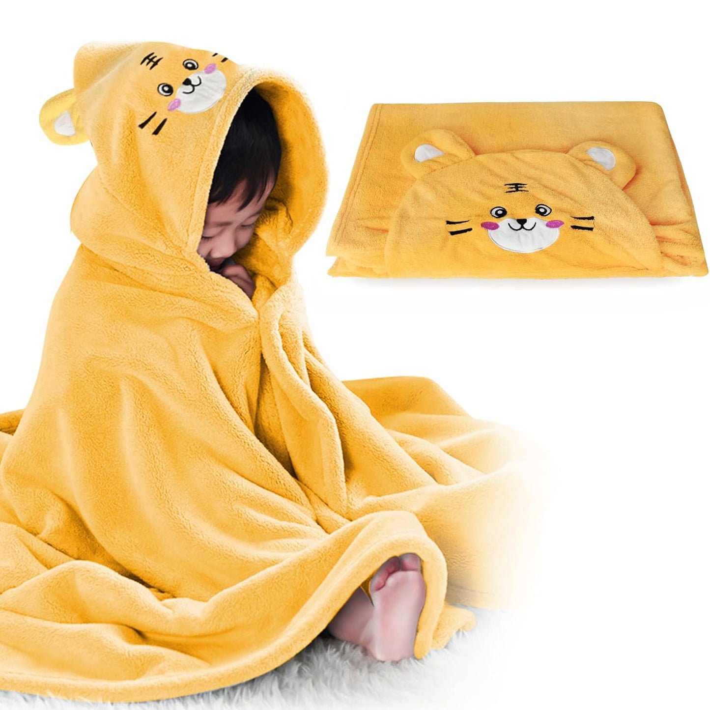 ROMASA Toddler Hooded Bath Towel Ultra Soft Towel Highly Absorbent Bathrobe Blanket for Boys Girls- 27.5" x 55" (Yellow-Tiger)