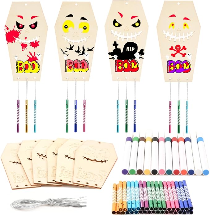 Wooden Coffins Wind Chime Ornaments Painting Craft, 6 Style Cutouts