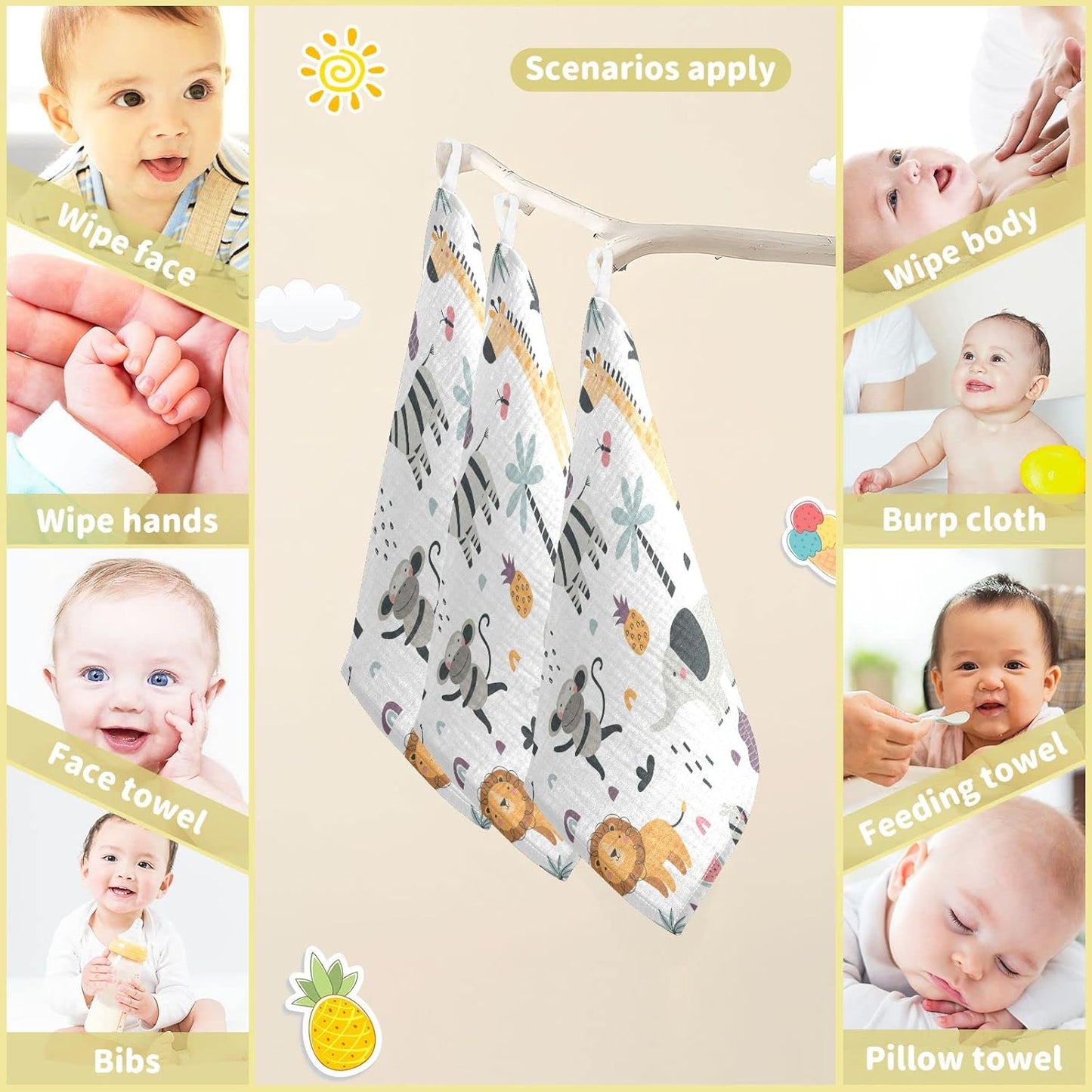 Exotic Animals Baby Muslin Washcloths Monkey Elephant Lion Burp Cloths Soft Absorbent Baby Wash Cloth Fingertip Face Towels for Newborn Boys Girls 12 x 12 in, 5 Pack