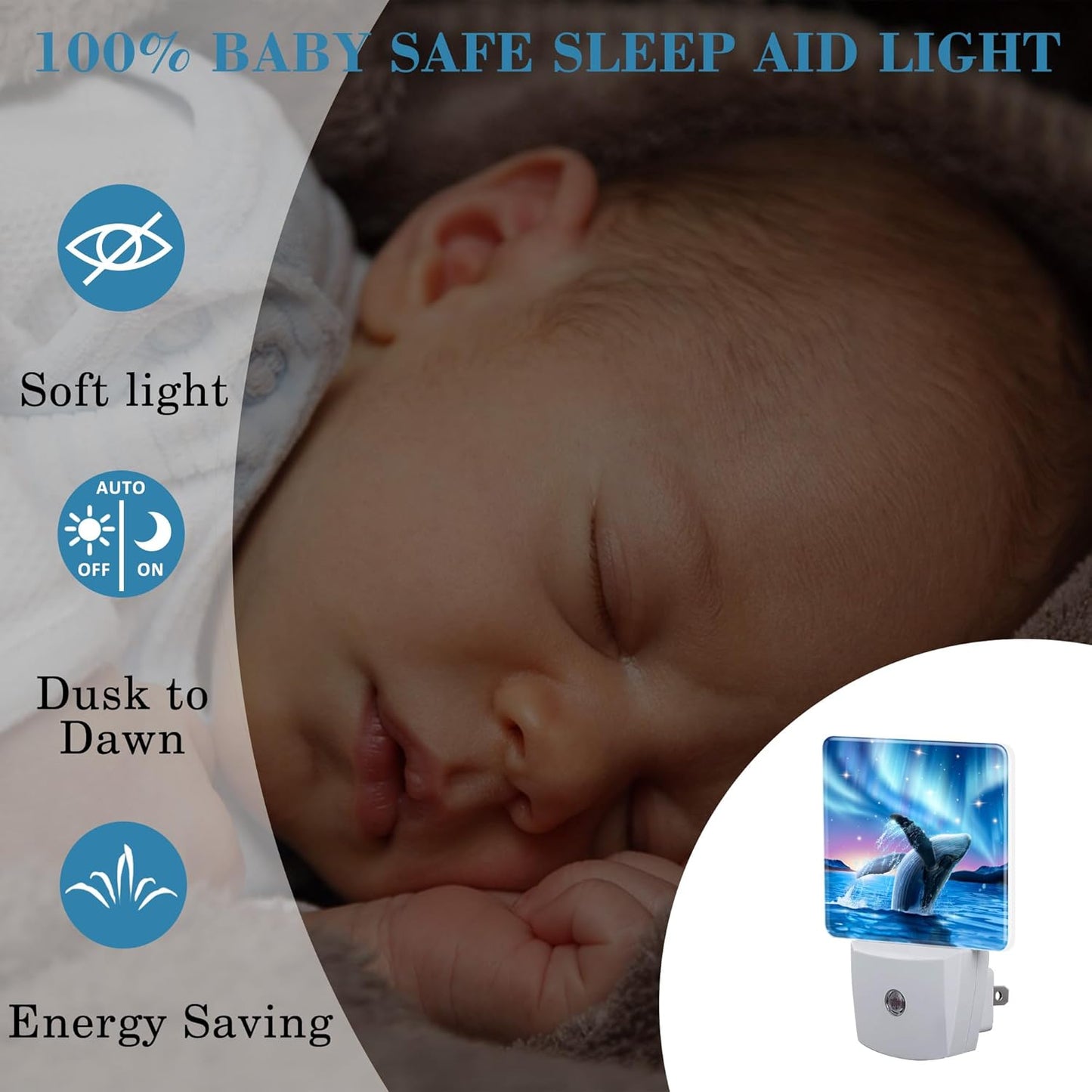 Humpback Whale Breaching Water Night Light for Kids, LED Night Light Plug into Wall with Dusk to Dawn Sensor for Girls Boys Women Men Room Decor, Hallway, Kitchen, Bathroom, Nursery, Stairs