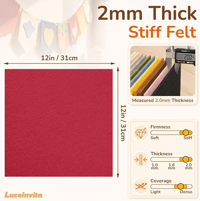 2mm Stiff Felt Sheets 12" X 12" | Thick Polyester Felt Material, DIY Craft
