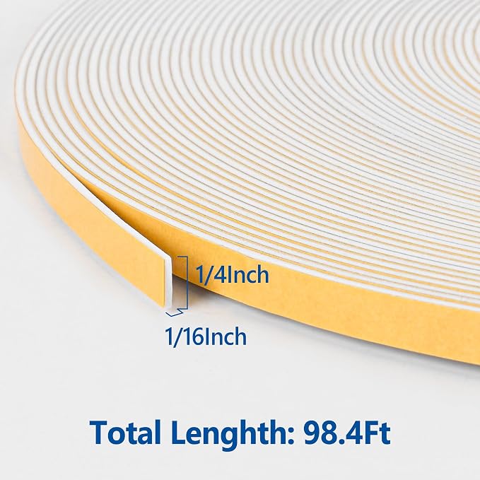 Self Adhesive Foam Tape Weatherstrip 1/4in x 1/16in x 98.4Ft High Density Foam