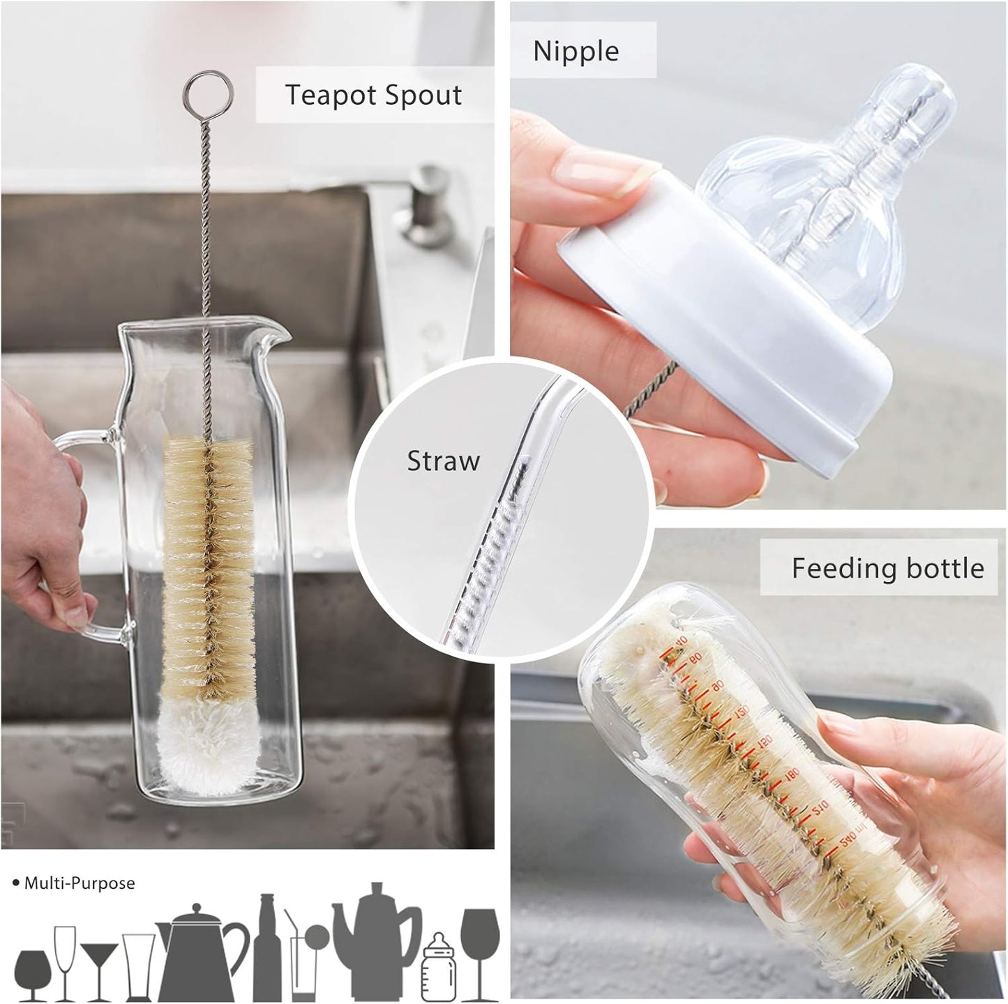 MASTERTOP 9 Pieces Bottle Brush Set - Long Water Bottle and Straw Brush Cleaning Set BPA Free Bottle Cleaner Brush for Baby Bottle Pipes Coffee Grinder Teapot Narrow Neck Wide Mouth Water Bottles
