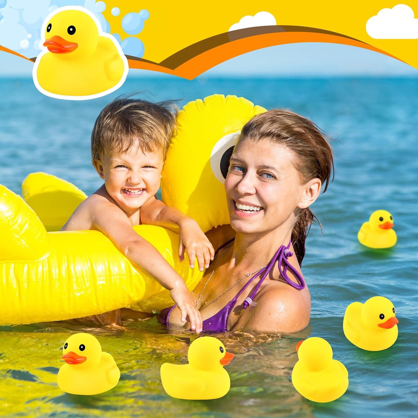 DEEKIN 5 Pcs Yellow Rubber Ducks No Hole Waterproof Duck Bath Pool Toy with Sealed Plug Without Hole Bathtub Floating Toy for Birthday Party Decoration Gift in Bulk (5 Inch)