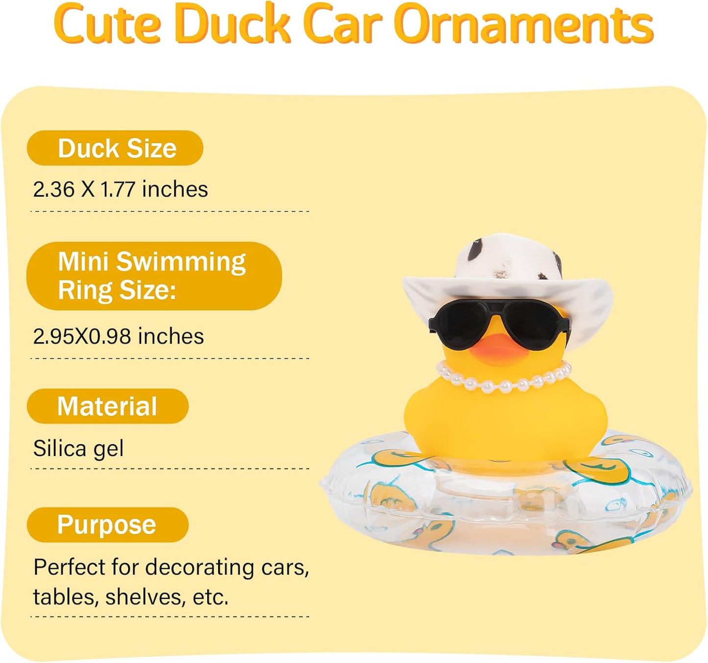 wonuu Car Rubber Duck, Yellow Duck Decoration Dashboard with Sun Hat Swim Ring Necklace Sunglasses for Car Dashboard Decorations, Black White Cowboy Hat-Transparent-Small Pearl