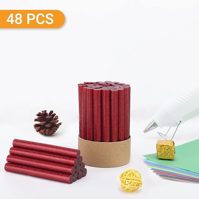 Glitter Red Hot Melt Glue Stick, Manarty 48 PCS Full Size Hot Melt Glue Sticks