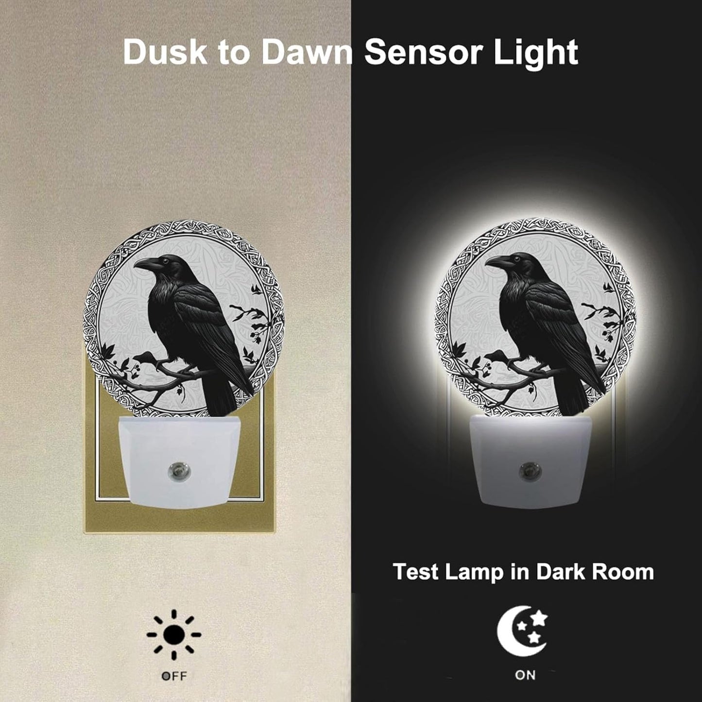 Black Crow on Oak Tree Branch Night Lights Plug into Wall Halloween Night Light Dusk to Dawn Sensor for Bedroom Living Room, LED Lighting 0.5W Sleep Friendly