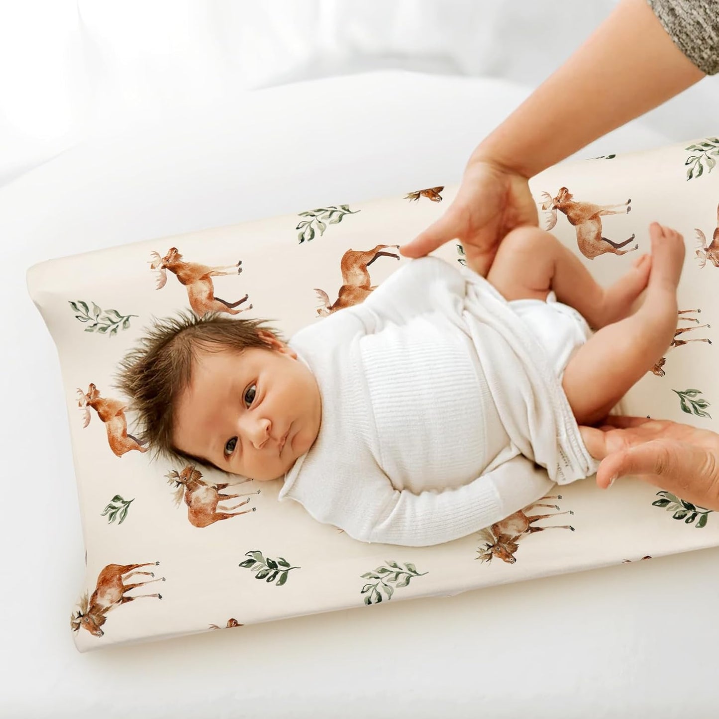 GRSSDER Stretch Ultra Soft Jersey Knit Changing Pad Cover Set 2 Pack, Change Table Pad Covers Fit 32"/34" x 16" Pads Safe and Snug, Stylish Elk Animals Pattern
