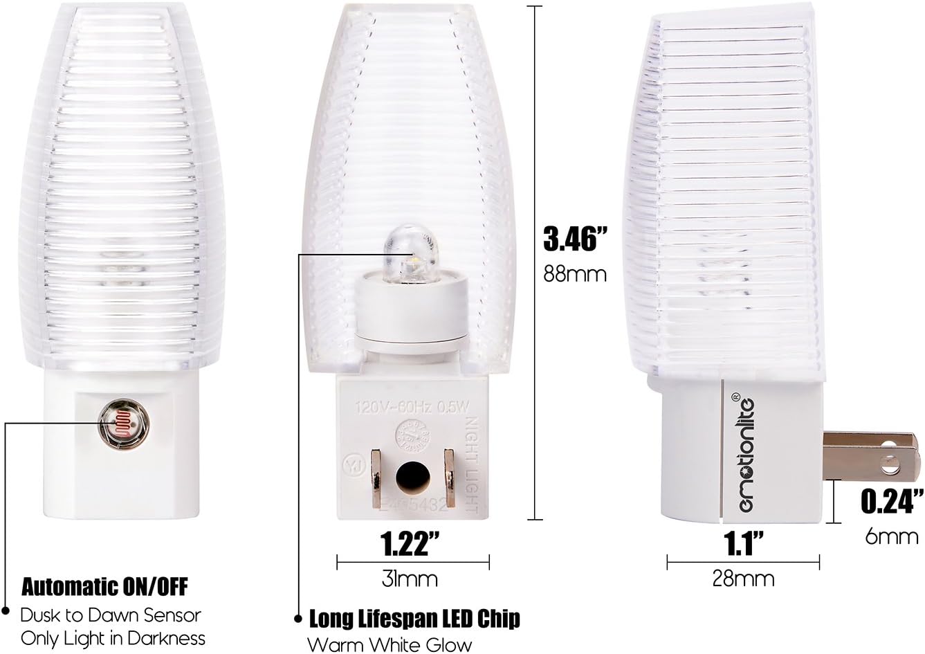 Emotionlite Plug in Night Light, Warm White LED Nightlight, Dusk to Dawn Sensor, Kids, Nursery, Bedroom, Bathroom,Hallway, Stairs, Kitchen, 6 Pack