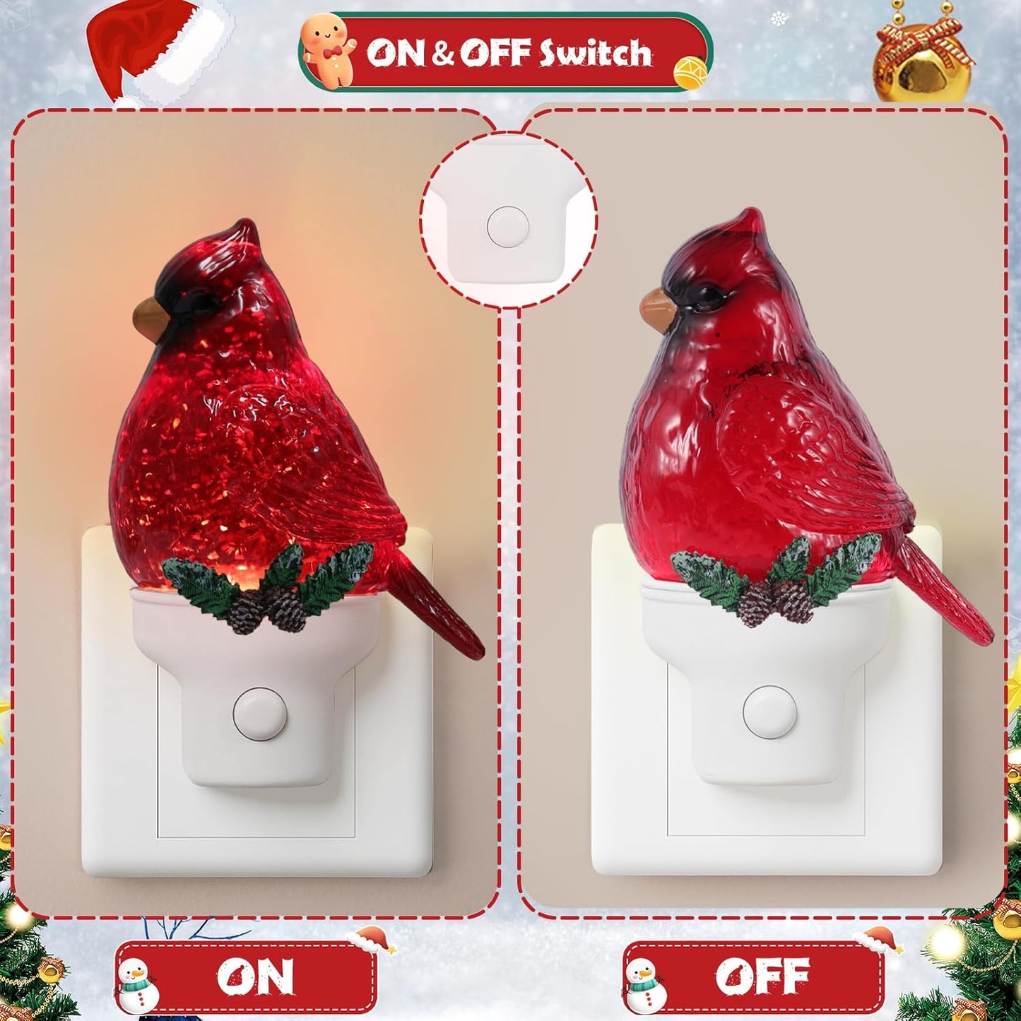 2 Pack Christmas Cardinal Night Light Plug into Wall Glitter Water Nightlight with USB/Outlet Options, Christmas Decorative Nightlight for Bedroom Kitchen Nursery Holiday Decorations Gifts (Cardinal)