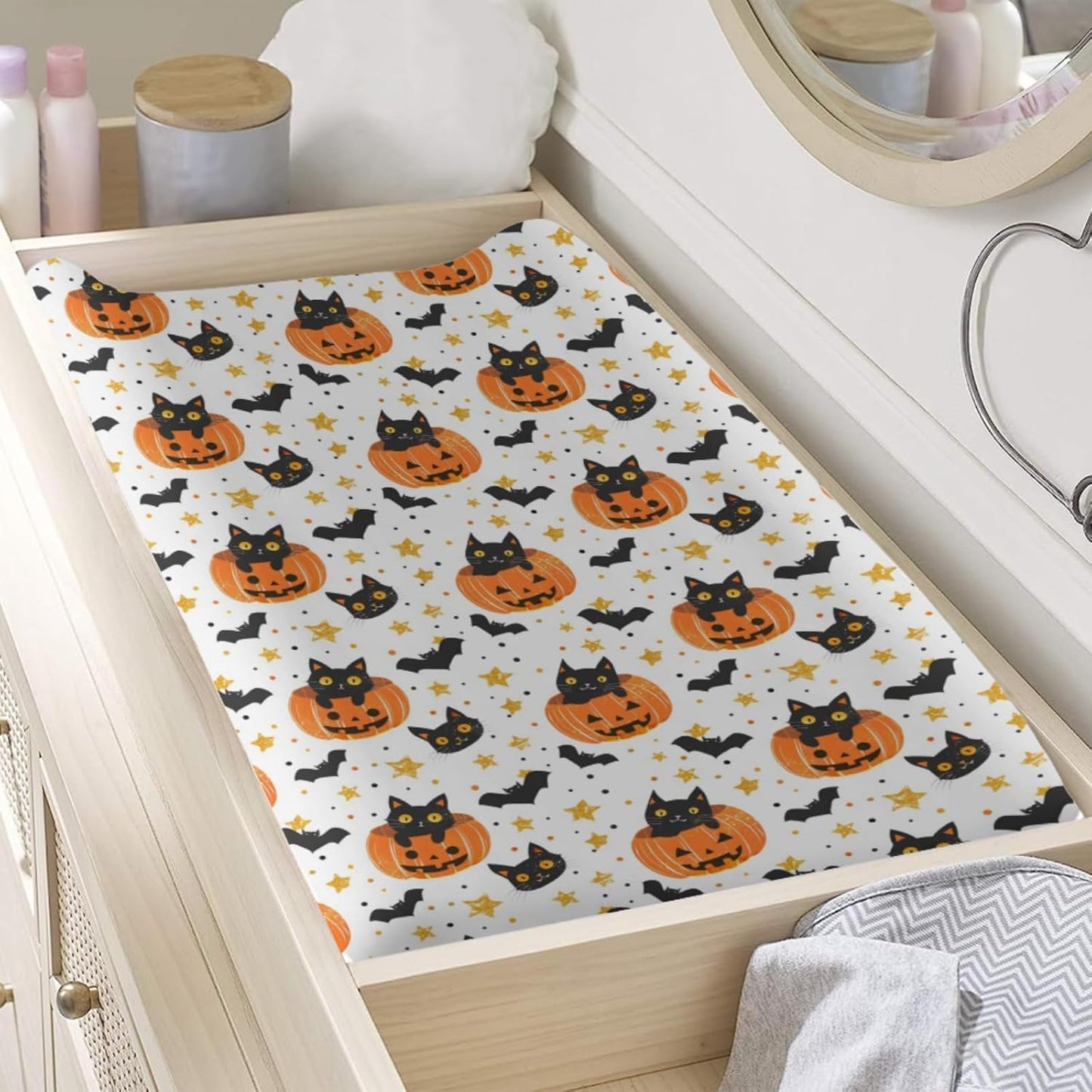 Cute Halloween Pumpkin Cat Bats Stars Pattern Baby Changing Pad Cover, Unisex Fall Winter Holiday Nursery Diaper Changing Table Pad Mat Sheet for Boys Girls-16x32