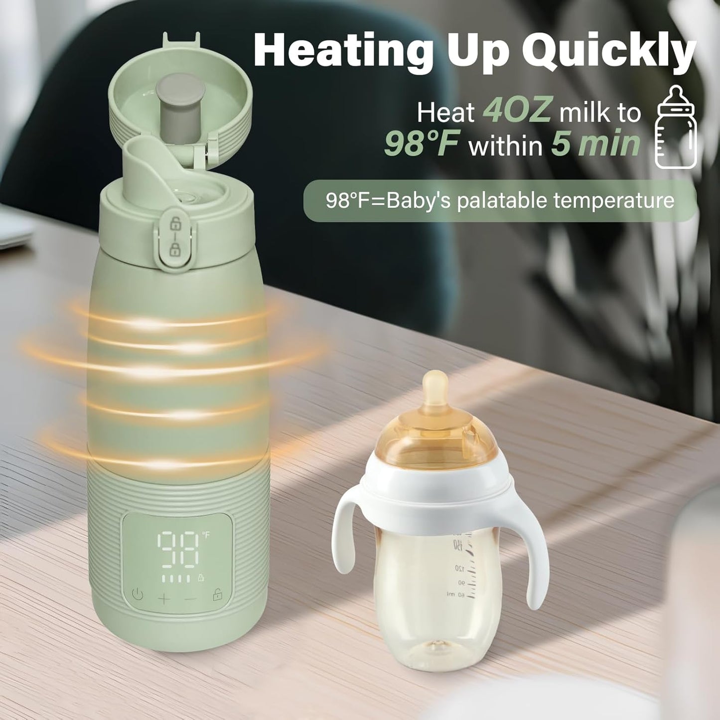 Portable Bottle Warmer for Travel - 5-Min Heating for Breast Milk, Formula & Water, 12oz Large Capacity, Long Battery Life, Baby Flask for Vehicle Car Airplane Journey