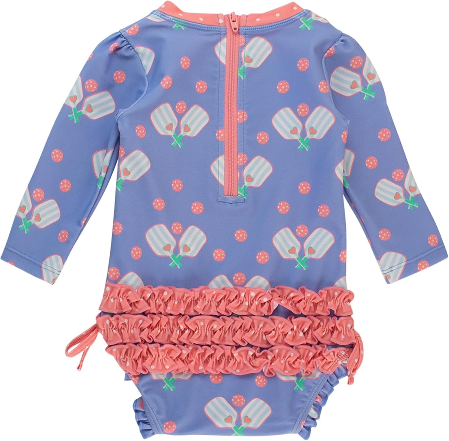 RuffleButts Baby Girls UPF 50+ Sun Protection Novelty Print Long Sleeve One Piece Rash Guard Swimsuit with Zipper