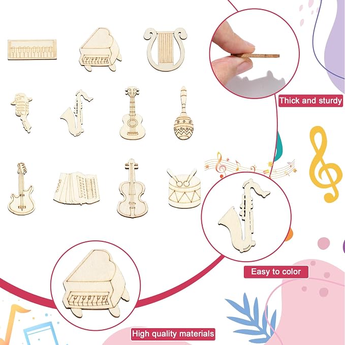 200 Pcs Unfinished Musical Instruments Wood Cutouts Music Painting Wooden Shapes