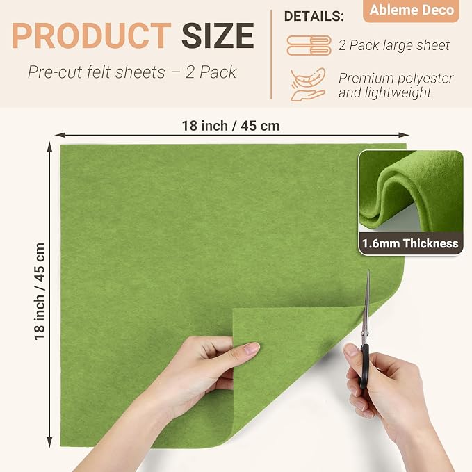 Moss Green Felt Fabric Sheets 18" x 18" 1.6mm Soft Craft Felt | Soft Precut
