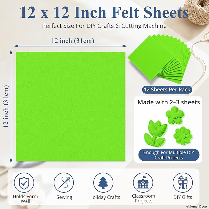 12" x 12" Felt Sheets for Crafts, 2mm Stiff Felt Fabric, Lime Green