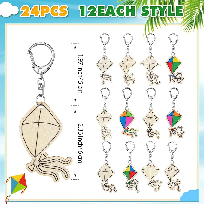 RattanView 24 Pcs Kites Crafts Color Your Own Keychains DIY Craft Wooden Blank