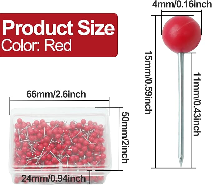 Red Map Pins, 1/8 Inch, For Travel Map, Bulletin Board, Cork Board, DIY Craft