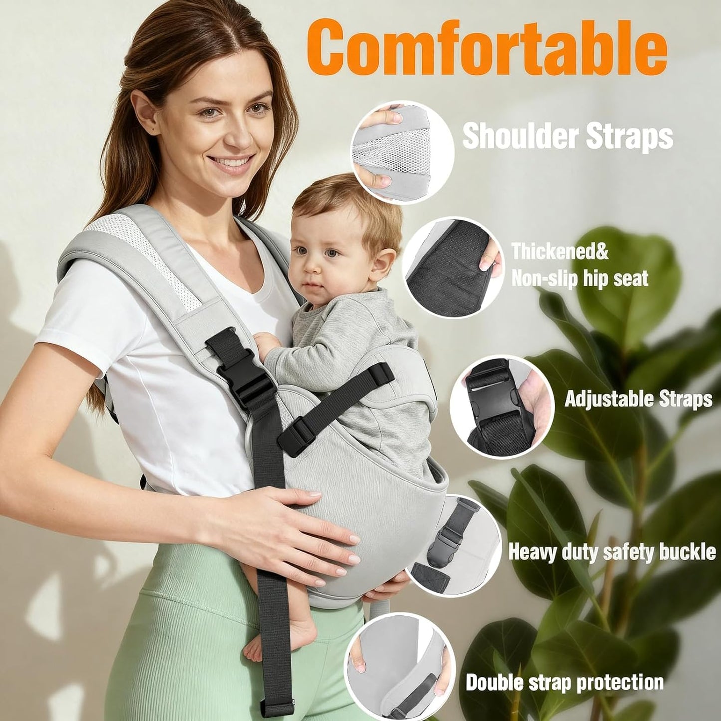 Toddler Carrier Sling for Newborn to Toddler, Ring Sling Baby Carrier 15–55 lbs with Breathable & Anti-Slip Seat Cushion for Comfort, Lightweight Travel-Friendly (Light Gray)