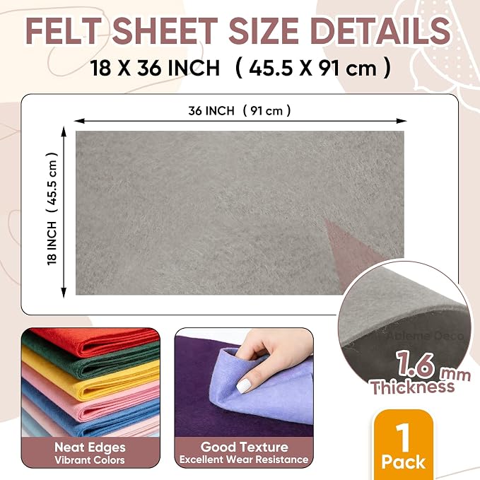 Soft Felt Fabric Sheet 18" x 36", 1.6mm Acrylic Craft Felt, Light Grey | Soft