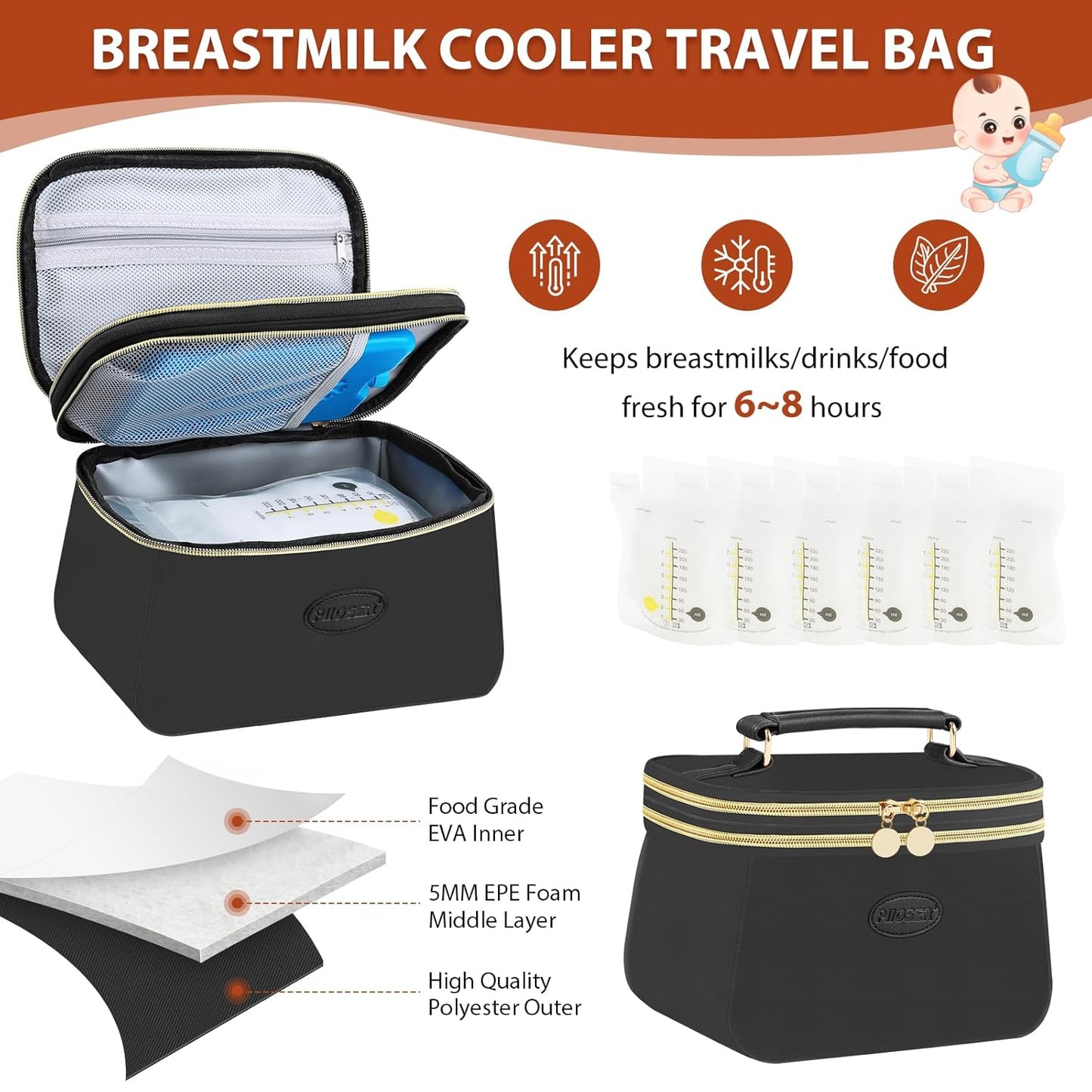 PIIOSER Breast Milk Cooler Bag with 2 Ice Pack, Fit 6 Freezer Breastmilk Storage Bags Up to 8Oz, Insulated Baby Bottles Tote Bag for Daycare and Breastfeeding Mom, Black