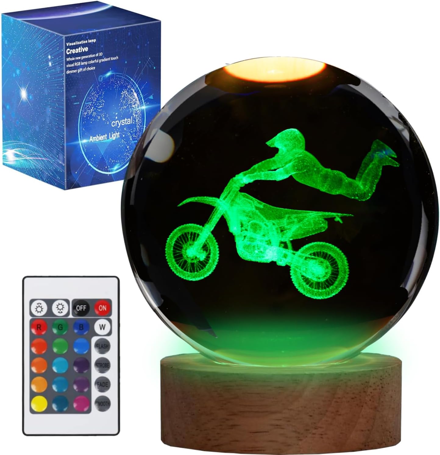 Dirtbike Night Light, Dirtbike Gifts, 3D Crystal Ball Dirtbike Lamp with Remote Upgraded 3.15 Inch with 16 Color for Birthday Xmas Cool Figurines Motorbike Gifts for Room Decor Boys Girls