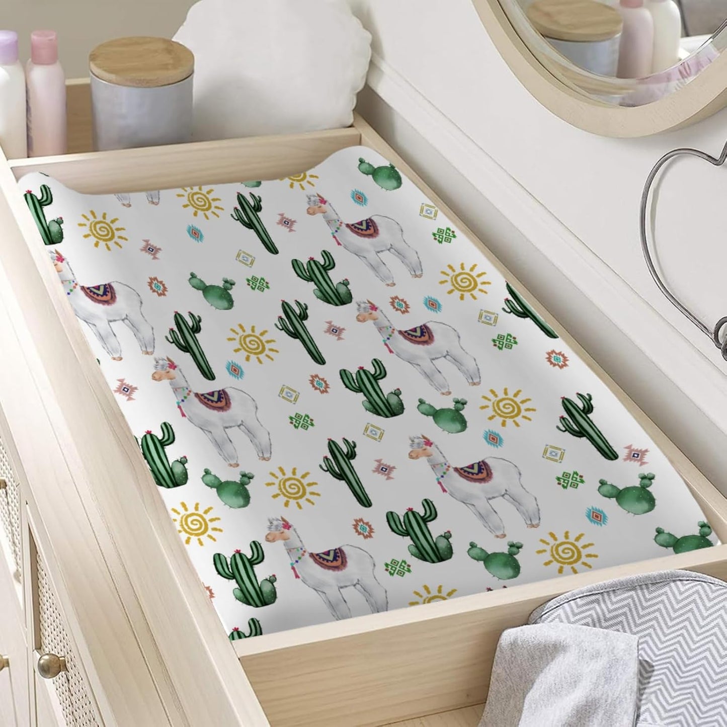 Changing Pad Covers Cartoon Llama Sun Cactus Diaper Changing Pad Cover Sheets for Boys Girls Ultra Soft Breathable Stretch Fitted Change Table Pad Covers 32''x16''