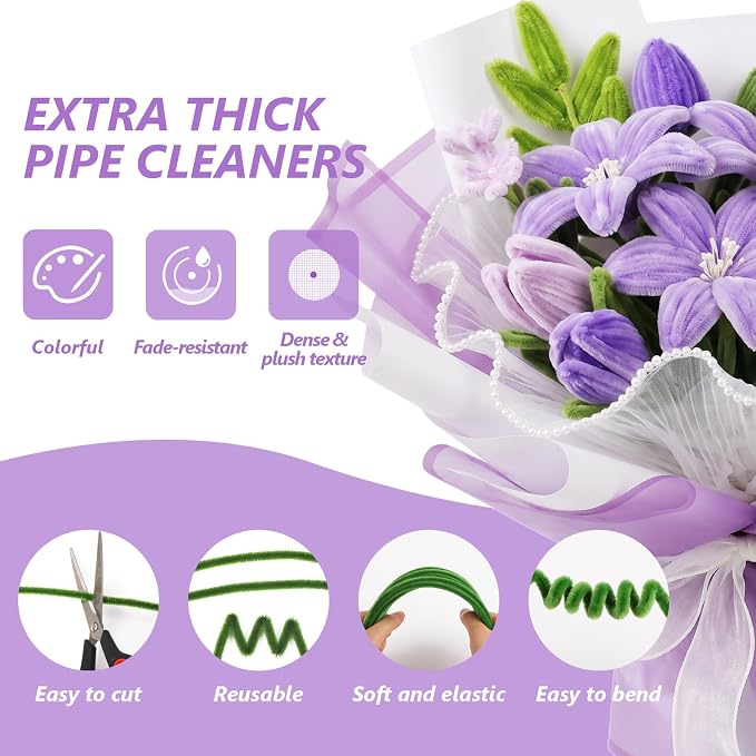Cwczhi 600 PCS Pipe Cleaners Craft, 9 Colors Purple Pipe Cleaner Flower Kit |