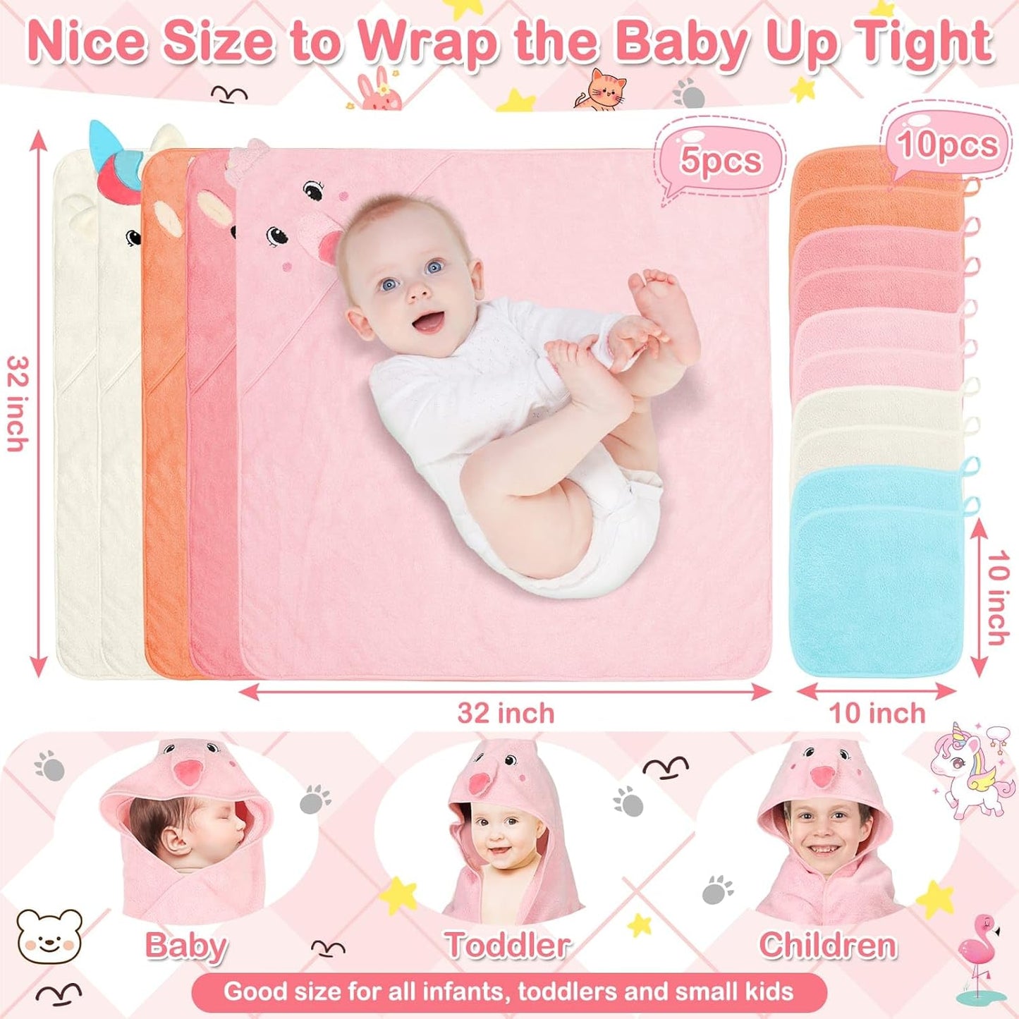 15 Pcs Baby Hooded Baby Towel, Hooded Baby Bath, 5 x Cute Baby Towels and 10 x Baby WashCloth Sets- Perfect Shower Gift for Boys or Girls, Absorbent, Soft, Comforting for Newborn, Infant and Toddler