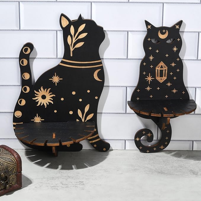 2 pcs 2 Styles Black Cat Theme Wooden Display Shelf Gothic Animal Floating
