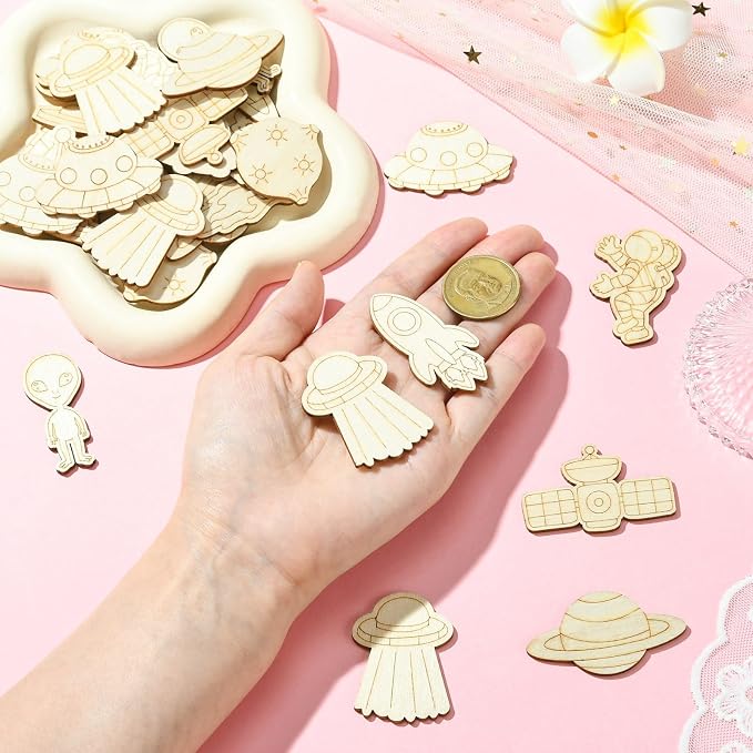 100 pcs Mixed Styles Universe Theme Unfinished Wooden Cutout Charms Alien