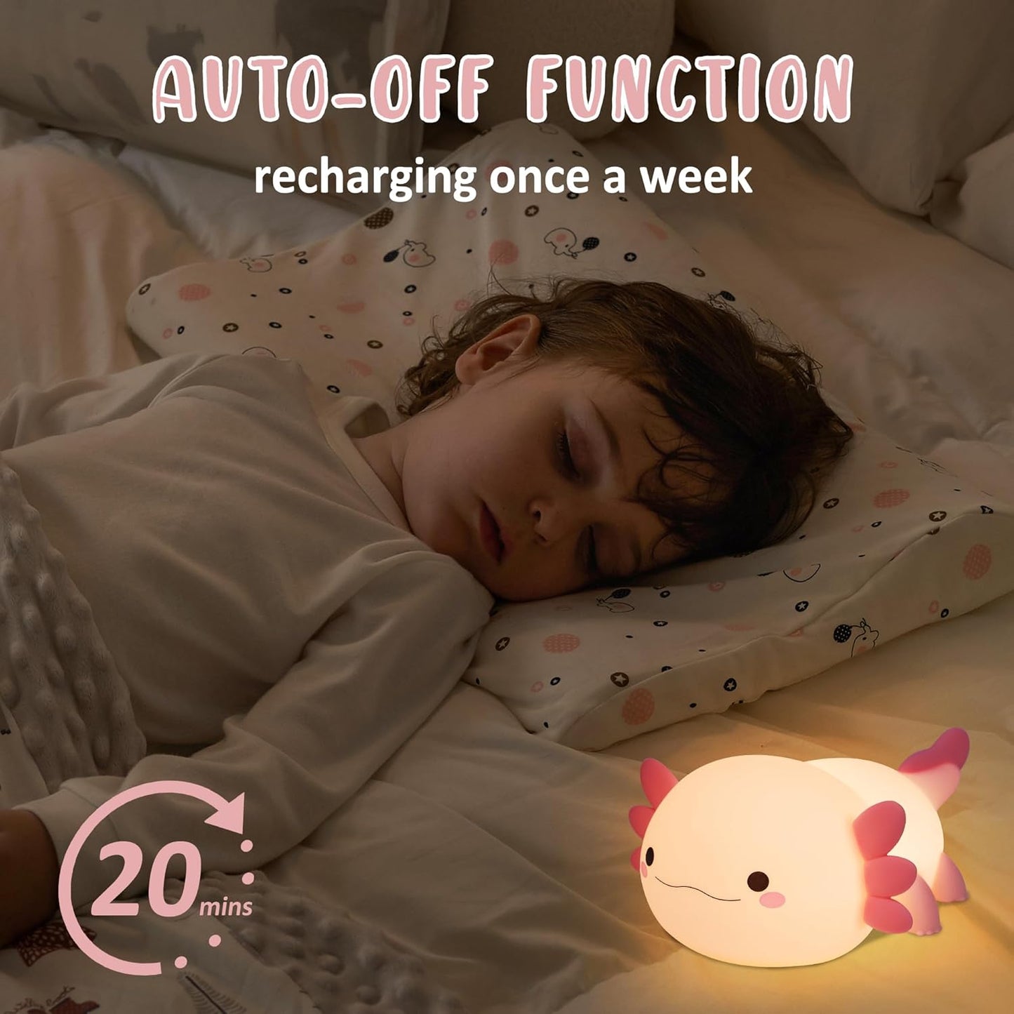 Axolotl Night Light, Cute Night Light for Kids, Animal Silicone Nursery Night Lamp, Timer Dimmable Rechargeable LED Nightlight, Soft Feeding Room Decor Bedside Lamp Gifts for Kids Girls Boys Women