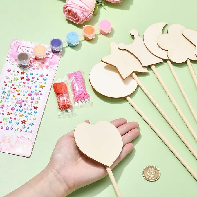 14 pcs Princess Wand Theme Undyed Wooden Cutouts Flower Crown Butterfly Star