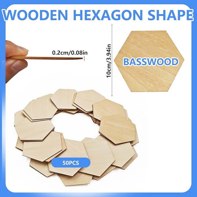 50PCS Wooden Hexagonal, Made of Basswood, 4 Inch Unprocessed Wood Pieces