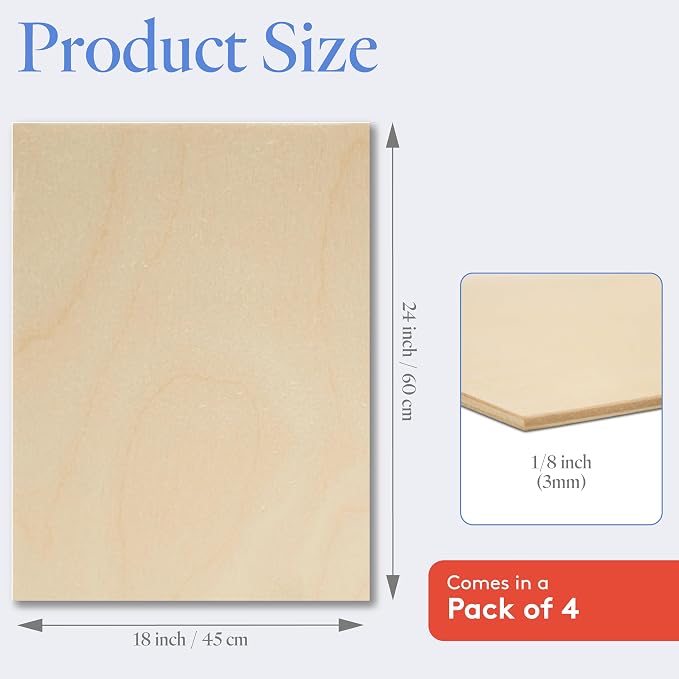 3 mm Baltic Birch Plywood 1/8 x 18 x 24 Inch, Box of 4 B/BB Grade Craft Wood