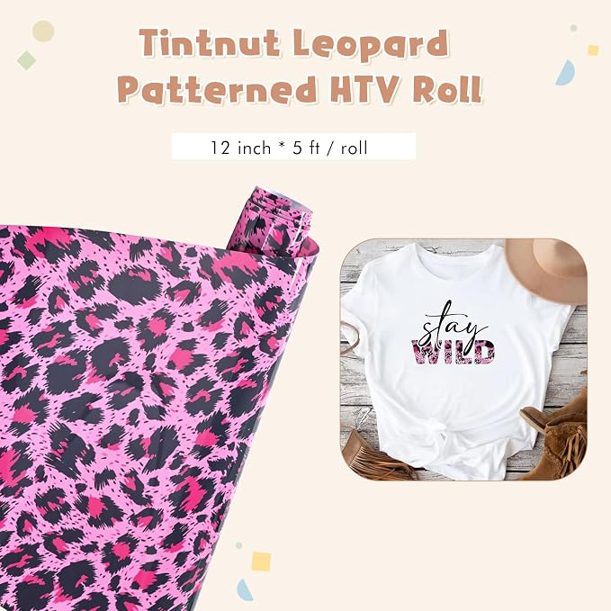 Tintnut Pink Leopard Heat Transfer Vinyl Roll, easy cut & weed, stretch washable