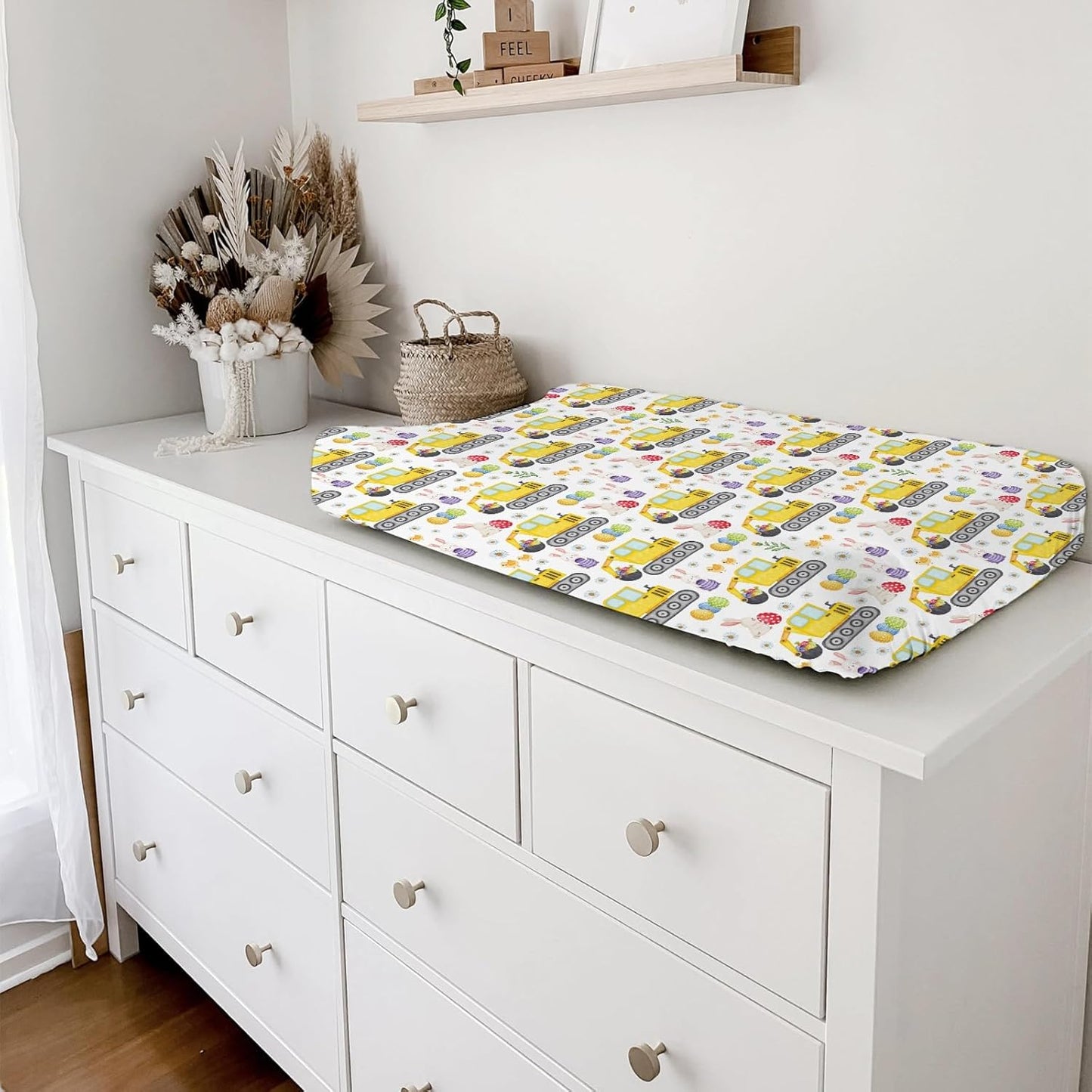 Easter Construction Trucks Changing Pad Cover Colorful Bunny Eggs Chicks Spring Floral Unisex Diaper Change Table Sheets for Boy Girl Soft Breathable Stretch Fitted Changing Pad Table Mats 32''x16''