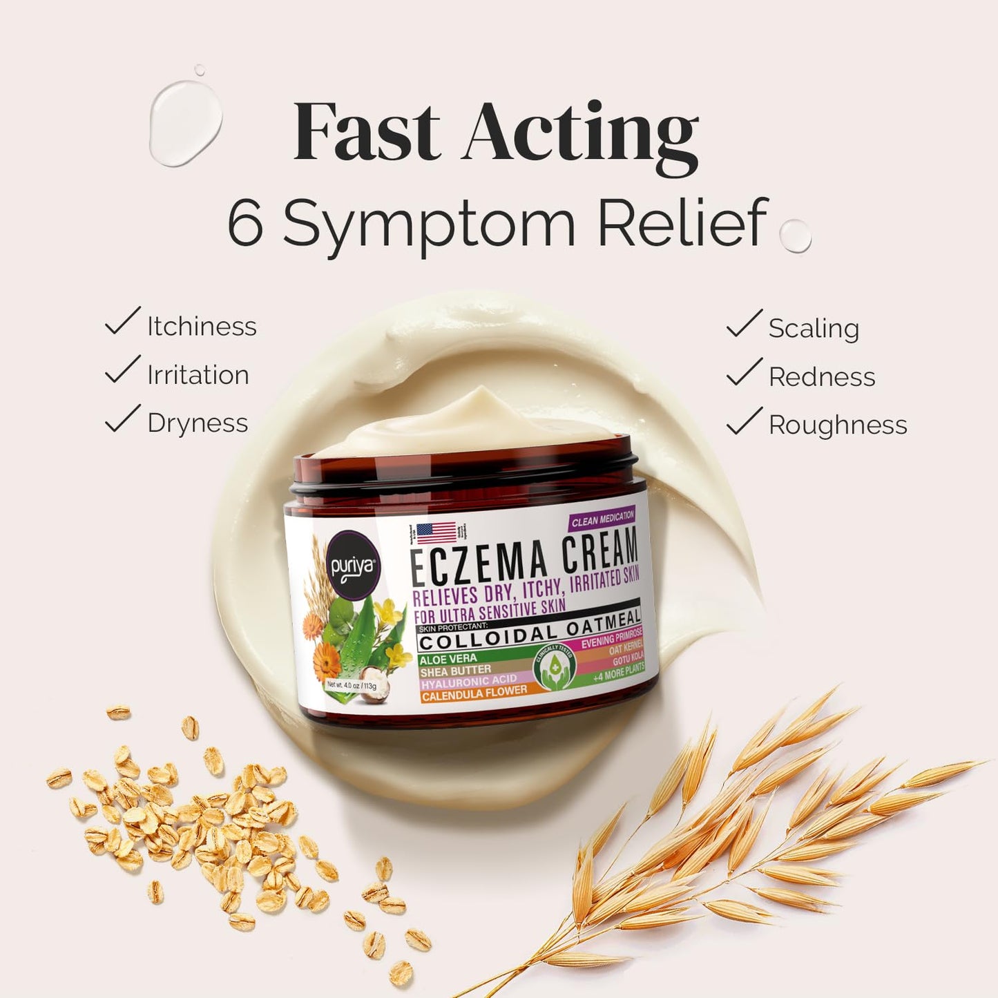 Puriya 5-in-1 Eczema Cream for Kids, Baby, Toddler, Adults, Advanced Colloidal Oatmeal Lotion for Dry, Itchy Skin Relief on Face and Body, Clinically Tested, Intensive Moisturizing Eczema Treatment