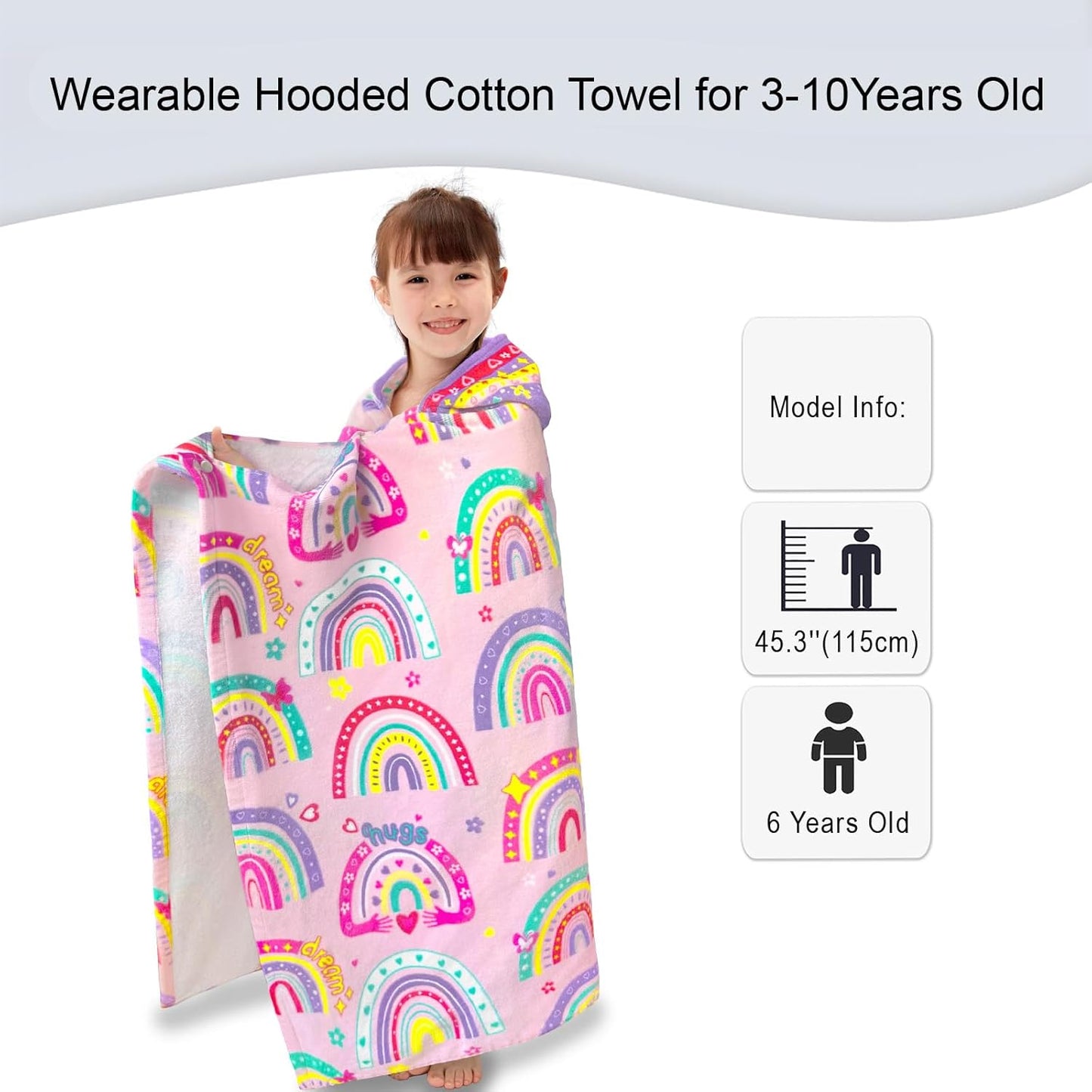 VOOVA & MOVAS Hooded Towels for Kids 3-10Years, 30''X50, Soft | Thick | 100% Cotton | Absorbent Towel Wrap for Girls, Perfect for Toddler Beach, Pool, Bath, Swimming,Rainbow